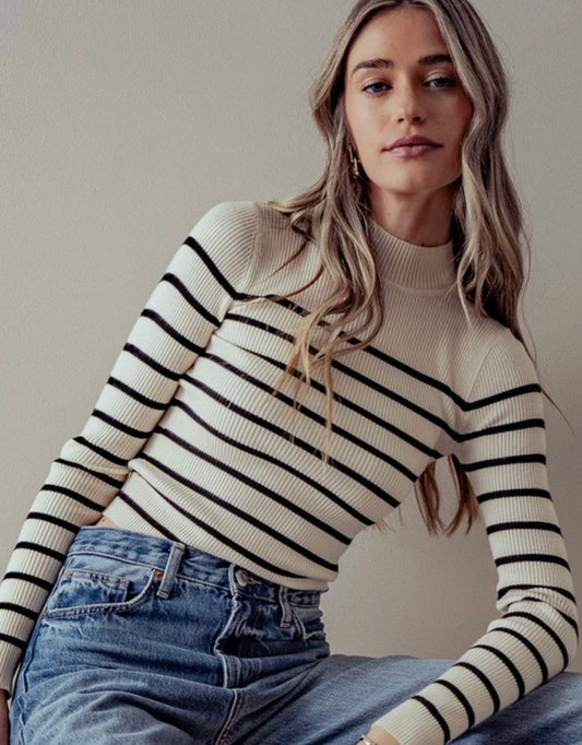 Fitted Mock Neck Striped Rib Top