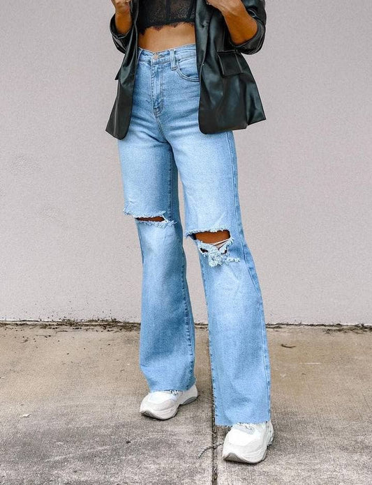 Ripped Wide-Leg Jeans: Blue